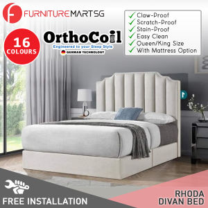 FurnitureMartSG OrthoCoil Rhoda Queen/King Divan Bedframe Pet-Friendly Scratch-Resistant Fabric With Mattress Add-On Options