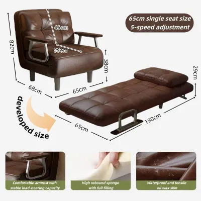Adjustable Backrest Folding Sofa Bed Oil Wax Leather Folding Nap Bed Multifunctional Single Folding Bed