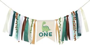 Dinosaur 1st Birthday High Chair Banner - Baby Boy First Highchair Banner for Birthday Party Supplies Dinosaur Themed One High Chair Garland Birthday Party Decorations Cake Smash Photo Props.