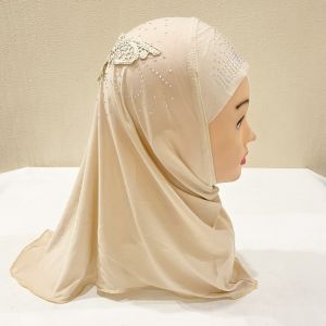 YIYU STUDIO Breathable Kids Hijab Ice Silk Lace Rhinestone Decor Head Wrap Stylish Solid Colors Headscarf Girls Aged 2 to 6Y
