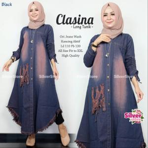 Clasina Long Tunik - Tunik Jeans - Atasan Tunik - Baju Busui - Pakaian Jeans - Kemeja Jeans - Baju Muslim Jeans
