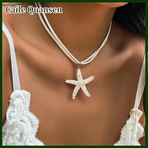 Caile Boho Large Resin Starfish Pendant Choker Necklace For Women Trendy Multilayer Rope Chain Summer Beach Vacation Jewelry Gift
