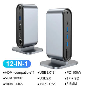 12-in-1 USB C HUB แท่นเชื่อมต่อ อะแดปเตอร์ที่รองรับ HDMI 4K 30Hz PD 100W Type-C HUB แยก USB 3.0 สำหรับแล็ปท็อป Pro Air