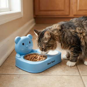 OUTOPEN Detachable Cat Food Water Bowl Double Bowls Non-Slip Base Cat Feeding Bowl Durable Cartoon Stainless Steel Cat Bowl Puppy Feeding
