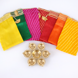 Decorative Metal Diya Urli Bowl with Potli Bag | Floating Flower & Tealight Holder | Festive Pooja Decor | Wedding Return Gift | 7 Inch | Pack of 1