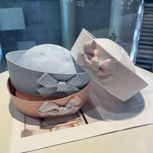 MINIFELE 262 Plaid Bow Japanese Sailor Hat Soft Breathable Big Head Basin Hat Y2K Large Brim Navy Beret Cap Captain Hats