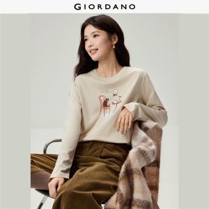 Giordano Beau Monde Women Weekend themed print long sleeve cotton tee Free Shipping 13396795