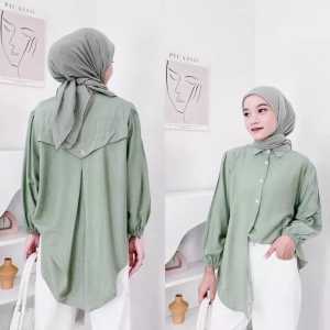 Alenza Blouse laura oversize kemeja wanita polo linen terbaru variasi kancing belakang atasan wanita jumbo lengan panjang kekinian 2023