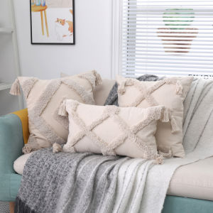 Boho Throw Pillow Cover Morocco Decorative Macrame Pillow Case Tufted Embroidered Cushion Cover 30x50cm/45x45cm with Tassel Bed Sofa Bolster Case for Couch Chair Living Room Bohemian Home Decor