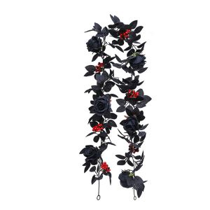 TUS 175cm Halloween Rose Leaf Vines Simulated Flowers Black Artificial Rose Vines Floral Arrangement Realistic Halloween Garland Halloween Party