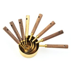 Wooden Handle Stainless Steel Gold Kitchen Measuring Cup And Spoon Scoop Set Cake Baking Tool Coffee Bartending Scale