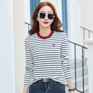 Women Long Sleeve Round Neck T-Shirt Butterfly Embroidery Striped Knitted Shirt Tee Top