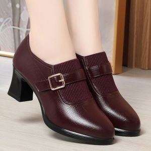 Free Shipping Elegant Chunky-Heeled Soft Leather High-Heeled WomenS Shoes 2026 Autumn New Collection Comfortable And Non-Tiring Deep-Cut Pumps Elastic Leather Shoes For Mothers