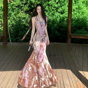 2026 Summer Women Cowl Neck Hand‑Painted Mesh Waist‑Tightening Mermaid Tank Dress