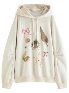  Áo hoodie nữ FSLE mùa thu 2025 - Áo khoác rộng in hình vỏ sò thêu tay áo dài phong cách đường phố 