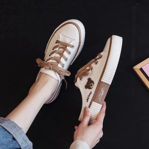 Sepatu Slip On Wanita Casual Sneakers Fashion Style Remaja Santai Nyaman Kanvas Black White Bordir Teddy Why Bear Karet Lentur Ringan Anti Slip Terbaru Kekinian