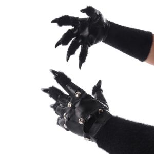 DIMEL Cartoon Furry Fursuit Kigurumi Gloves Thicken Plush Punk Leather Gloves Faux Fur Kawaii Cat Dog Wolf Animal Paw Gloves Cosplay Costume