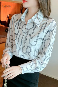 AMMIN เสื้อเชิ้ตผ้าชีฟองแขนยาวสตรีเสื้อสตรีพิมพ์ลายตัวอักษรแฟชั่นใหม่ฤดูใบไม้ผลิและฤดูใบไม้ร่วงปี2022
