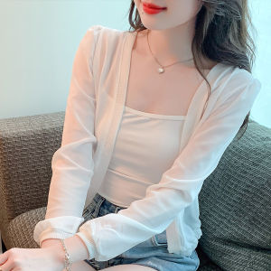 Impression Fashion Women Elegant Korean Chiffon Plain Long Puff Sleeve Short Sun-protective Shawl Cardigan