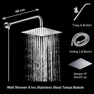 Reaim Shower Tembok Model Kotak 8 Inchi Bahan Stainless Arm Shower Rain Stainles Ultra 8 inch 20x20cm Stenlies Instalasi Lua Include Selang 150cm