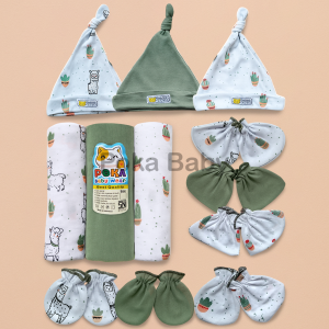 4in1 Paket Hemat Perlengkapan Bayi Baru Lahir Bedong + Topi Set Sarung Tangan & Kaki Serian Sage Poka SNI ZPH24