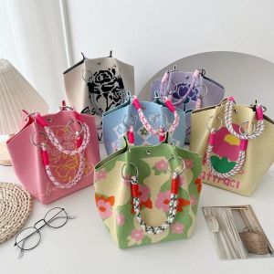 NAMSHEVA Cartoon Knitted Bucket Bag Handmade Large Capacity Shoulder Bag Fashion Woven Ring Buckle Wrist Bag for Women Girls