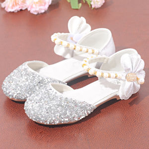 Childrens Day Dance Girls High Heel Princess Shoes Silver With Childrens Full Dress Shiny Stage Crystal Leather Shoes Baby Girls Closed Toe