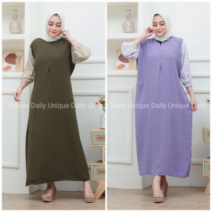 Bundling 2 Pcs LISHA DRESS GAMIS CRINKLE KOMBINASI SALUR RAYON PREMIUM BUSUI KERUT by Unique Daily