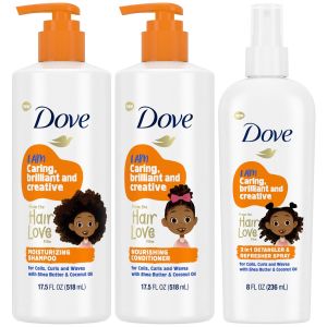 Dove Kids Shampoo & Conditioner Set with Shea Butter & Coconut Oil + 2-in-1 Detangler Spray “Hair Love” Wavy Coily Curly Hair Products for Kids