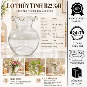 Lọ Thủy Tinh B22 3.4L Dáng Bầu Miệng Loe Gợn Sóng Cắm Hoa Trang Trí