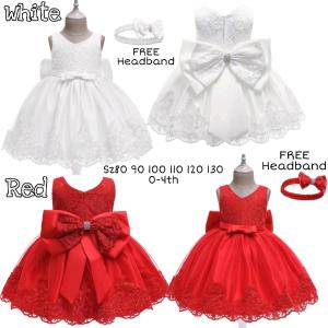 DRESS ANAK BAYI BALITA PEREMPUAN IMPORT MURAH WHITE BROKAT LACE BIG BOW FREE HEADBAND