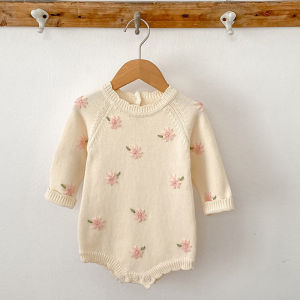 0-2Yrs Baby Girl Knitted Romper Floral Embroidery Ruffled Collar Long Sleeve Spring Autumn Toddler Jumpsuit Girl Knitted Romper2026