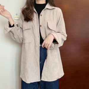 Kemeja Korduroi Retro Wanita Longgar Setengah Panjang Desain Atasan Pakaian Luar Serbaguna Jaket Kemeja