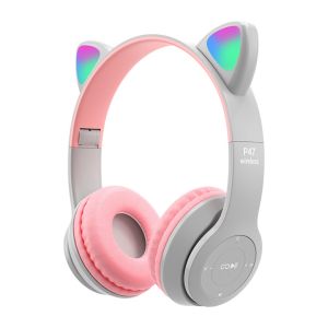 LED Light Cat Ear Bluetooth Headphone Cute RGB Lights Wireless Headset Adjustable Headband Rechargeable Stereo Music Gaming Earphone with Mic