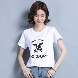 เสื้อยืดสีขาวผู้หญิงแขนสั้นหลวมฤดูร้อนปี 2021 ใหม่รอบคอครึ่งแขนเรียบง่ายเสื้อสวมหัวป่าด้านบน INS น้ำ COWมีเก็บปลายทาง COD