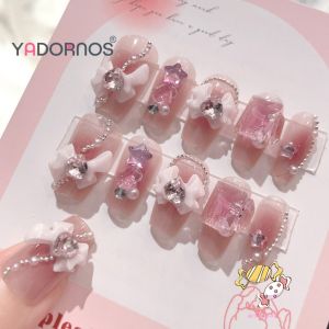 YADORNOS Set Dekorasi Kuku Bulat Manikur Merah Muda 24Pcs - Busur Tiga Dimensi Kreatif & Removable