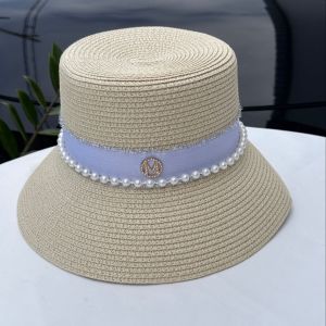 หมวกสานผู้หญิง ทรงถัง ประดับมุกประดับตัวM รหัสสินค้า A128 สินค้าพร้อมส่งจากไทย