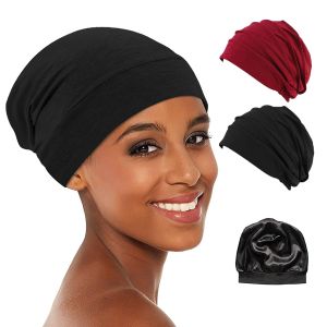 2 PCS Silk Bonnet for SleepingSilk Bonnet for Curly Hair Night Caps for Women MenSilk Satin Bonnet Hair Wrap for Sleeping Scarf Silky Durags for Men Stay on Overnight Cap - Red & Black