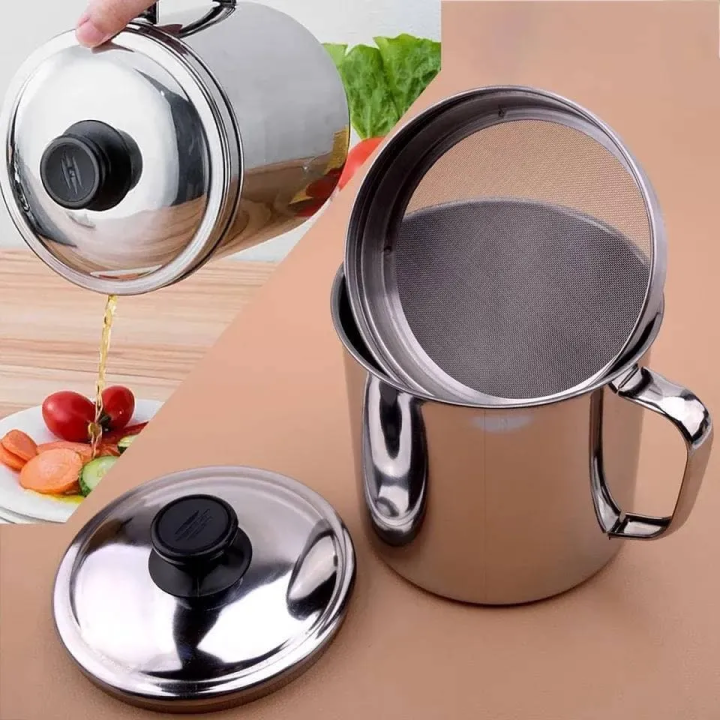 Stainless Steel Oil Filter Pot Kitchen Cooking Tool Storage Can Grease Strainer Container