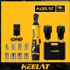 KEELAT Cordless Ratchet Wrench Top High-quality 3/8 electric Wrench Right Angle Wrench Tool with 2 Battery Charger Kit Lithium Battery Rechargeable Drill Screwdriver Screw Nut Repair hardware Tool