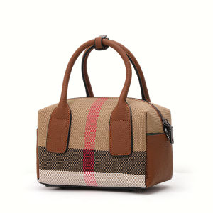 Aidrani  Classic womens mini handbag square canvas bag with patchwork cowhide brown