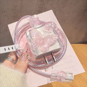 HBESTY Glitter 3D Crystal Butterfly Charger Protector Cover For  iPhone 18W 20W Flower Data Cable Winder Kit Charger Protective Case
