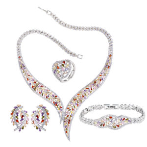SEQUITO Fashion White Gold Plated Women 4Pcs Jewelry Pave Setting Multicolor AAAAA Cubic Zirconia High Quality Earrings Necklace Ring Bracelet for Wedding Party SJ351