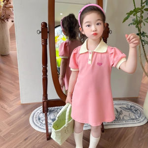 New Style Polo Dress for Girls Church Dress Collar Casual Formal Love Embroidery Pink Dress for Kids 3-12 Years Old