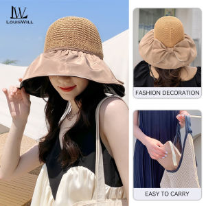 LouisWill Women Sun Cap Beach Hat Foldable Sun-proof Hat Casual Sun Hats Portable Beach Cap Bow Knot Storage Bag Design Large Brim Cap Sun Protection Cap UV Protection Hats With Windproof Rope for Summer Outdoor Travel