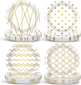 48Pcs White and Gold Paper Plates Supplies 9Inch Wedding Golden Foil Polka Dots Plaid Stripes Dessert Dinnerware for Anniversary Birthday Baby Shower Decorations Favors