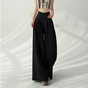 Streetwear Wide Leg Pants Women Korean Black High Waist Suit Pants Summer Fashion Elegant Lace Up Straight Trousers