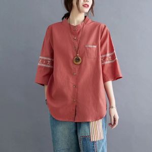 Lucgin เสื้อสวมหัวคอกลมวินเทจผ้าคอตตอนเสื้อลินินชุดปักแขนสั้นทรงหลวมบางสำหรับฤดูร้อนของผู้หญิงร้านค้า