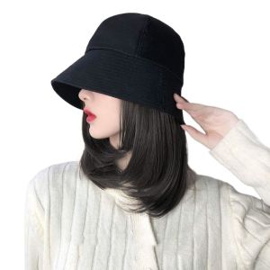 KINTHAZER หมวกทรงถัง วิกผมหมวกชาวประมง สังเคราะห์สังเคราะห์สังเคราะห์ วิกผมผม วิกผมหมวกบังแดดฤดูร้อน แฟชั่นสำหรับผู้หญิง ฮิปฮอป วิกผมหมวกผมสั้นตรง สำหรับผู้หญิง