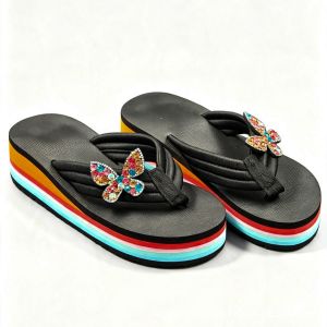[Free Shipping] Rainbow Platform Slippers For Women Featuring Cartoon Designs Colorful Rhinestones And Butterfly Motifs Suitable For Both Indoor And Outdoor Wear Fashionable And Versatile Wedge Heel Slippers